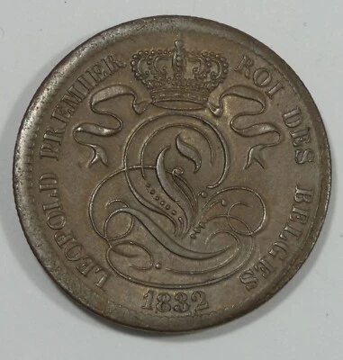 1832 BELGIUM 10 Centimes Copper Coin EXTRA FINE ~ Catalog XF $400 - Image 1 of 4