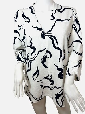 Top túnica de mezclilla FDJ francés XL blanco azul marino patrón abstracto remolinos artístico Foto 1 de 4