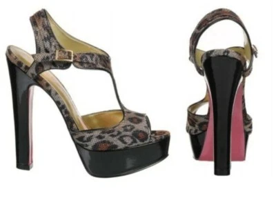 NEW Paris Hilton Shoes Liza Coffee Leopard Glitter Peep Toe 5" Heel Size 7.5 - Image 1 of 4