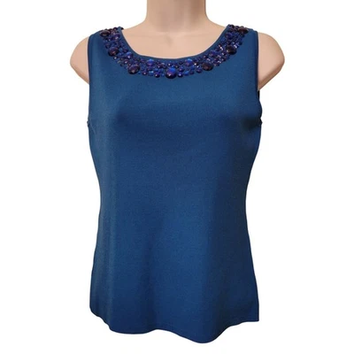 Camiseta sin mangas Joseph A azul sin mangas con cuentas cuello redondo M tejida elástica Foto 1 de 4