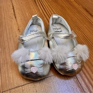 Carters gold cat pom pom cloth mary janes SIZE 9-12m - Picture 1 of 5