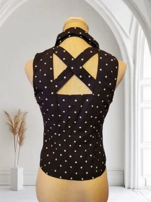 Vintage Sheri Martin Blouse Womens Size 8P Cool Open Back Navy Polka Dot Top - Image 1 of 4