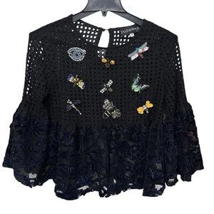 Top in pizzo Talk of the Walk con maniche a campana art to wear nero blu navy taglia XL - Foto 1 di 10