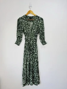 Whistles Dress Women Size 10 Green Leopard Print Midi Shirred V Neck 3/4 Sleeve - Picture 1 of 11