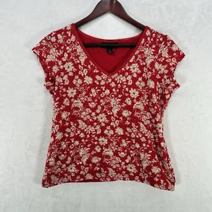 Vintage INC Top Womens Large Red Floral Lace Blouse 90s Y2K Cropped Stretch - Picture 1 of 8