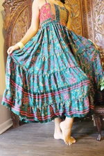 Boho Maxi Dress Blue Floral Printed Summer Beach Skirt Recycled Sari Sundress SM