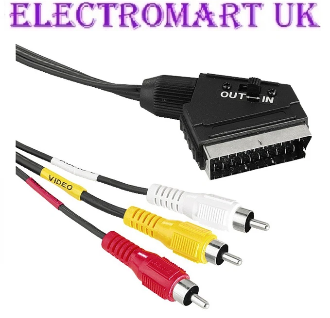 SCART PLUG MALE SWITCHED IN OUT TO 3 PHONO RCA STEREO AUDIO VIDEO CABLE 1.5M - Image 1 of 1