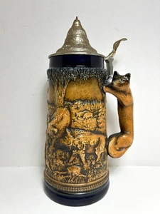 Birra vintage Gerz Germania Ovest con coperchio Stein manico volpe cinghiale alce selvatico - Foto 1 di 24