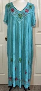 Shoreline One Size PLUS Embroidered Hand Painted Flutter Sleeve BOHO Dress - Picture 1 of 22