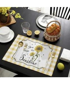 Sunflower Placemats Set of 6, Yellow Plaid Table Decoration Stain Resistant