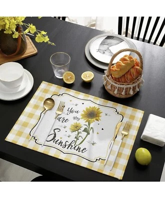  Sunflower Placemats Set of 6, Yellow Plaid Table Decoration Stain Resistant  - Image 1 of 4
