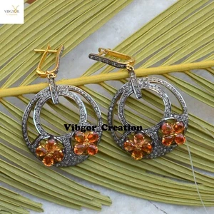 Pave Diamond Earrings Citrine Gemstone 925 Sterling Silver Gold Plated Jewelry - Picture 1 of 3