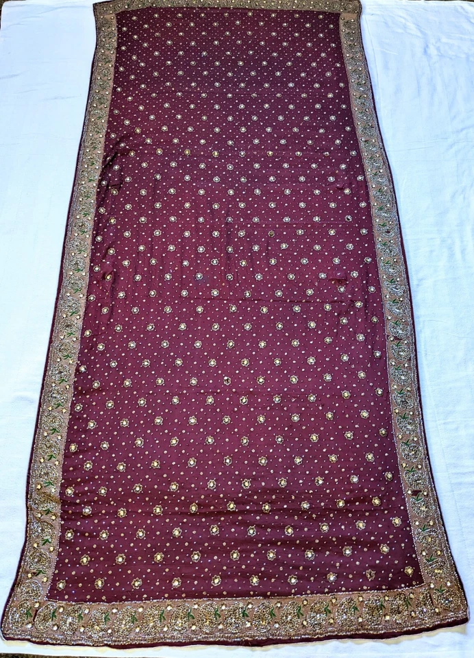 Chal de danza del vientre vintage bordado 100 % seda sari boho envolvente lentejuelas rojas óxido Foto 1 de 4