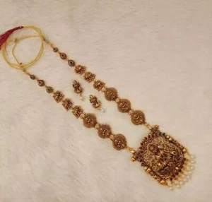 South Indian Bollywood Temple Style Necklace Earrings Gold Plated Jewelry Sets - Picture 1 of 9