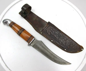 Vintage Western Auto USA 8533 Yellow Orange Fixed Blade Knife W/ Leather Sheath - Picture 1 of 12