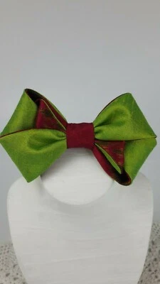 Green Red Mudmee Thai Silk Fabric Hair Clip Bow Women French Barrette Accessory - Image 1 of 4