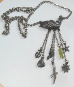 Vintage Signed JJ Fish Pendant Necklace W/Dangling Ocean Charms 25.5" - Picture 1 of 2