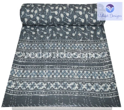 Handmade Block Kantha Embroidery Queen Blanket Throw Indian Bedspread - Image 1 of 4