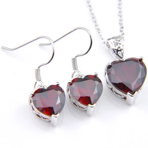 New Fire Heart Red Garnet Silver Dangle Earrings Pendant Necklace Jewelry Set - Picture 1 of 6