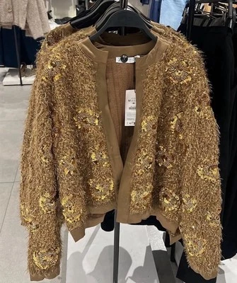 ZARA LIMITED GOLD KNIT BLAZER CARDIGAN JACKET SHIRT WITH GOLD SEQUINS SIZE XL  - Image 1 of 4