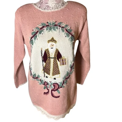 Suéter Rosa Santa Navidad Tejido Encaje Ribete Talla S/M Cottagecore Regalo de Vacaciones Foto 1 de 4