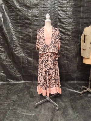 Старинный винтажный 1920-х шелк Bias вырез падение талии розовый и черный цветочный принт платье - Изображение 1 из 4