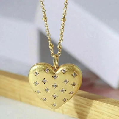 1Ct Round Lab Created Diamond Heart Locket Women Pendant 14K Yellow Gold Plated - Image 1 of 4