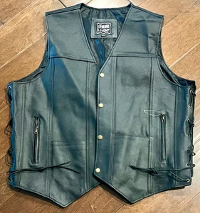 Genuine Black Leather Motorcycle Vest Size 2XL Side Ties - Picture 1 of 15