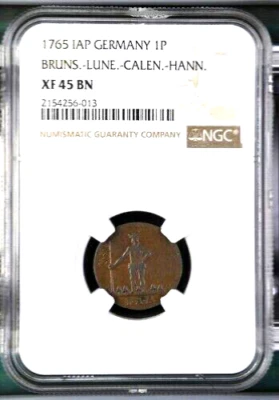 1765 German States Brunswick Luneburg Calenberg Wildman Pfenning NGC XF Germany - Image 1 of 2