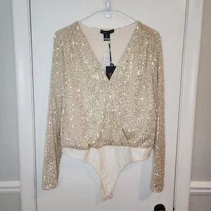 NEW Sincerely Jules Large Champange Sequin Bodysuit Top Long Sleeves V Cut Snap - Picture 1 of 7