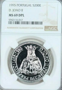 1995 PORTUGAL SILVER 200 ESCUDOS JOAO II NGC MS 69 DPL MIRROR SURFACES TOP POP 1 - Picture 1 of 5