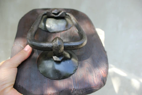 Antique Wrought iron Knocker on Wooden Board Primitive , Massive Gate Handle Far Cover