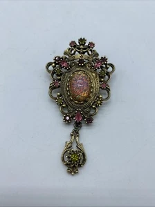 1960'S SARAH COVENTRY GOLDTONE CONTESSA PINK FIRE OPAL RHINESTONE BROOCH PENDANT - Picture 1 of 5