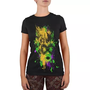 Mardi Gras Carnival Mask Splatter Black Juniors Soft T-Shirt - Picture 1 of 1