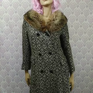 Vintage Womens Long Coat Raccoon Fur Collar Size XS/S Patterned Wool Blend - Picture 1 of 12