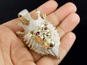 14k Yellow Gold Plated 2Ct Round Moissanite Lion King Crown Shape Pendant Men's - Picture 1 of 5