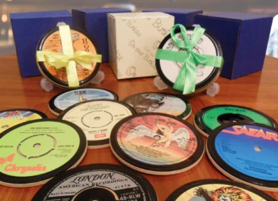 DRINKS COASTERS  Upcycled Vinyl SINGLES  All original Records!    LIST A - Image 1 of 4