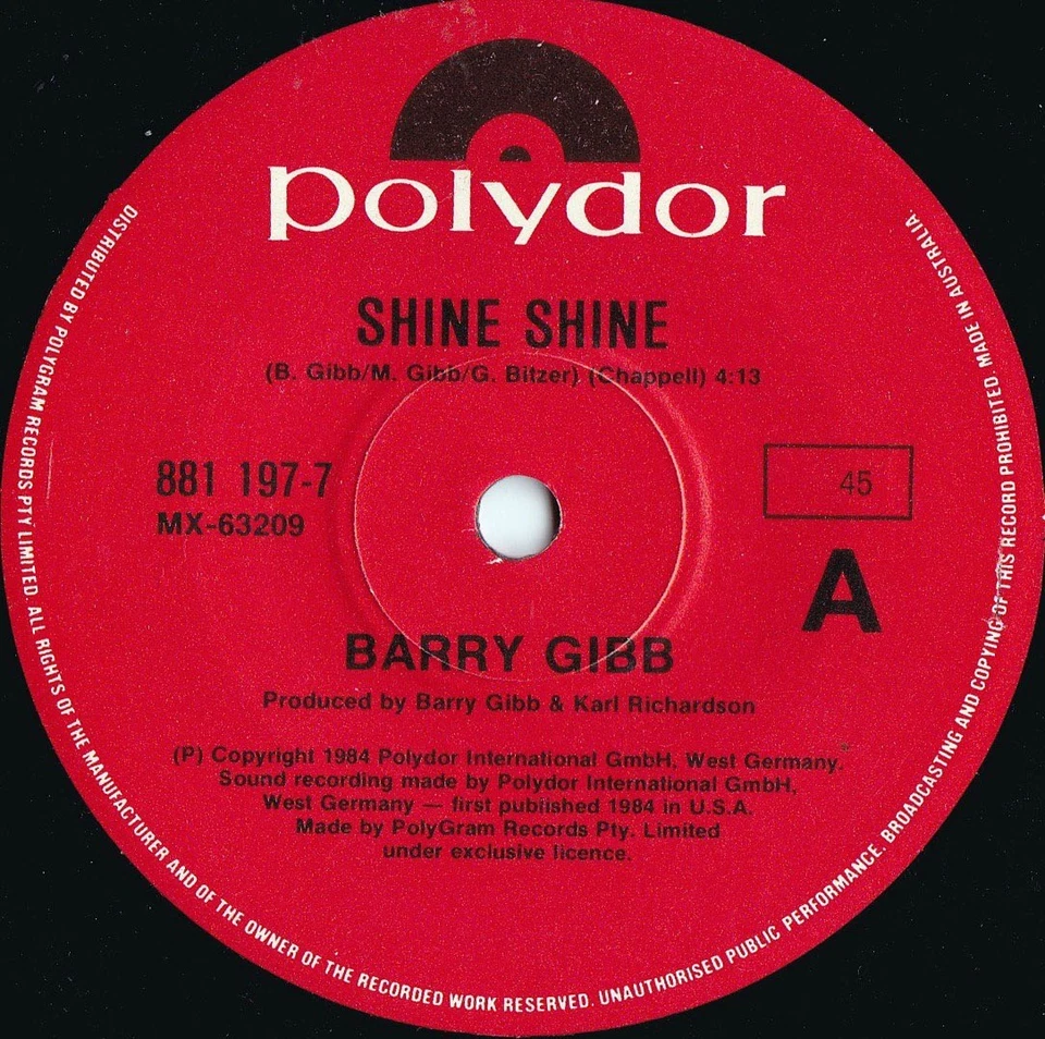 Barry Gibb ORIG OZ 45 Shine shine NM ’84 Polydor 8811977 Bee Gees Rock Pop - Image 1 of 1