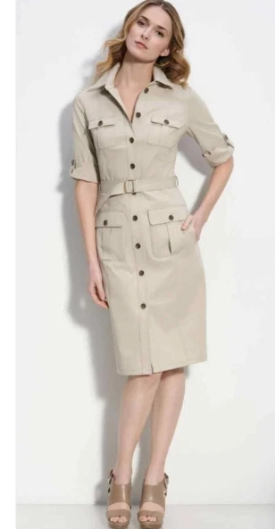Lafayette 148 New York Women's Belted Cargo Beige Button Front Shirtdress 6 B12 - Image 1 of 4