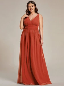 Plus Size Sleeveless V-Neck Plain Chiffon High Waisted Dress w/ Color Variations - Picture 1 of 30