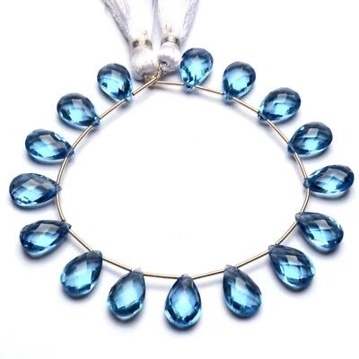 Teal Blue Aquamarine Color Quartz 14x9mm Size Faceted Pear Briolette 7" Strand - Image 1 of 4