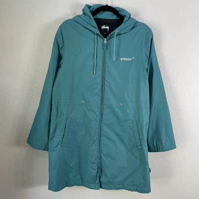Stussy Jacket Womens Small Teal Hooded Full Zip Long Parka Windbreaker Intl Logo - Image 1 of 4