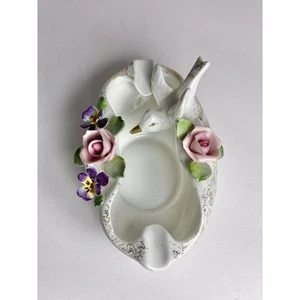 Cenicero vintage Lefton pintado a mano paloma y flores de colores blanco con adornos dorados - Imagen 1 de 11