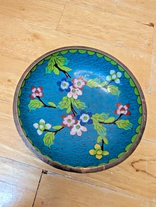 Vintage Chinese Cloisonné Round Trinket Dish Floral Cherry Blossom  - Picture 1 of 4