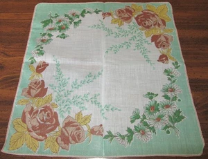 Vintage Hankie Old Fashioned Rose Floral Green & Brown Color Mix Hand Rolled - Picture 1 of 2