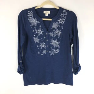 Style & Co Womens Top Slub Knit Embroidered Stars Roll Tab Sleeve Navy Blue XS - Picture 1 of 4