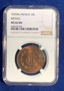 MEXICO ESTADOS UNIDOS 1935  10 CENTAVOS COIN NGC CERTIFIED GEM UNCIRCULATED MS66 - Picture 1 of 2