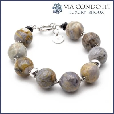 Bracciale in pietre dure Agata Fiorita grigia e argento braccialetto regolabile - Immagine 1 di 4