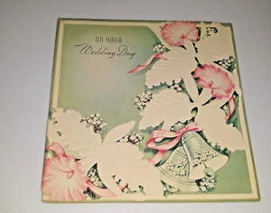 1953 gestanzte Vintage Hochzeitstorte Karte Mid Century Modern Glocken Sonnenschein BY - Bild 1 von 5