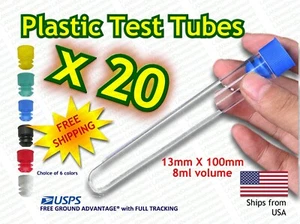 13 x 100 mm - Clear Plastic Test Tubes with Colored Caps – 8ml volume FREE SHIP - Picture 1 of 8